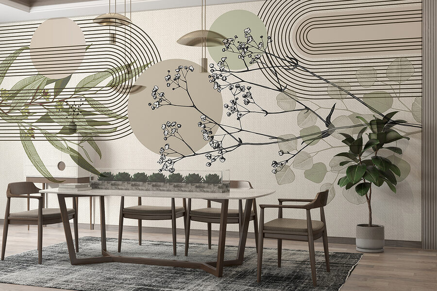 Botanický design s abstraktními prvky.