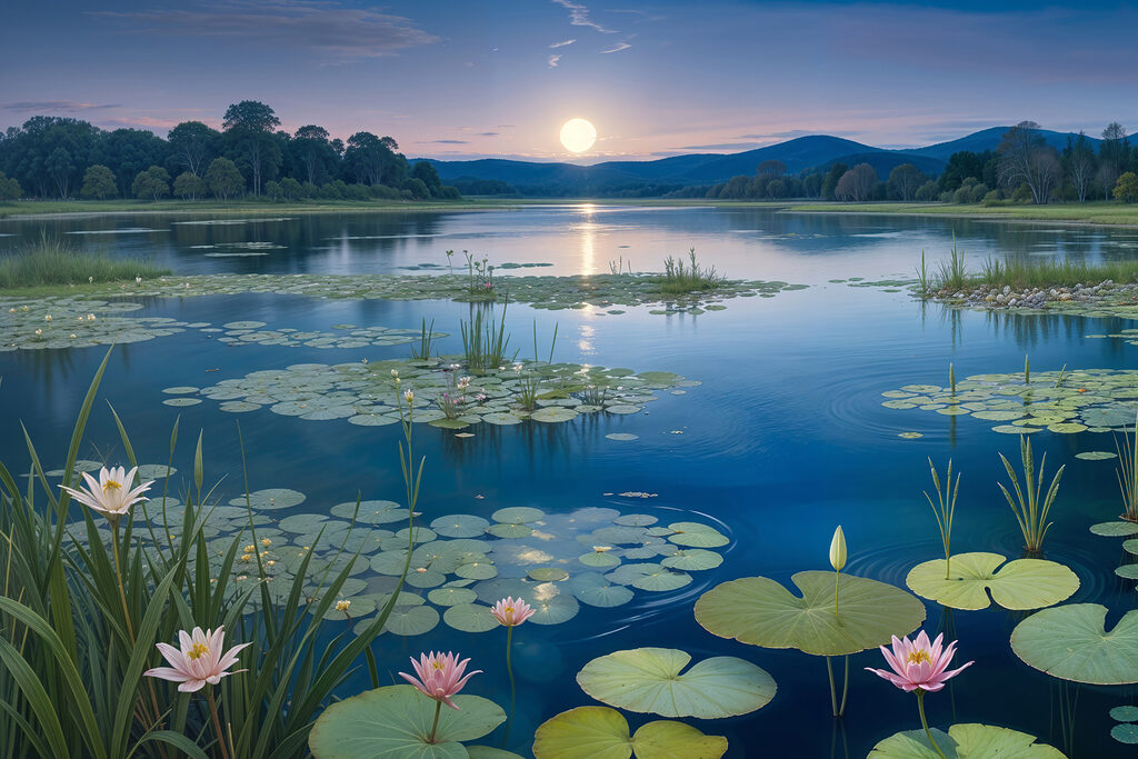 Lake with lily pads and lily pads