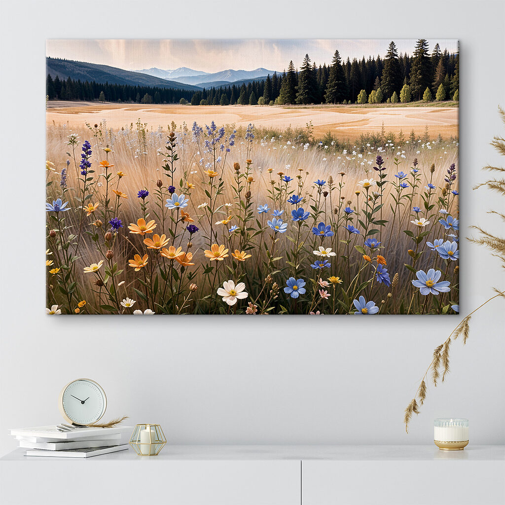 Field of flowers with trees in the background