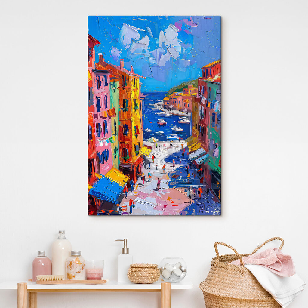 Painting of a city with boats and people