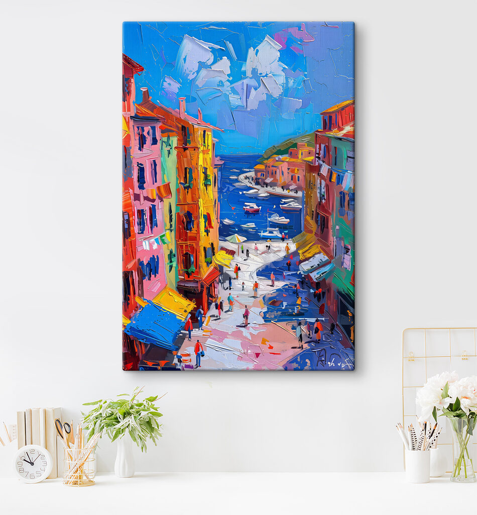 Painting of a city with boats and people