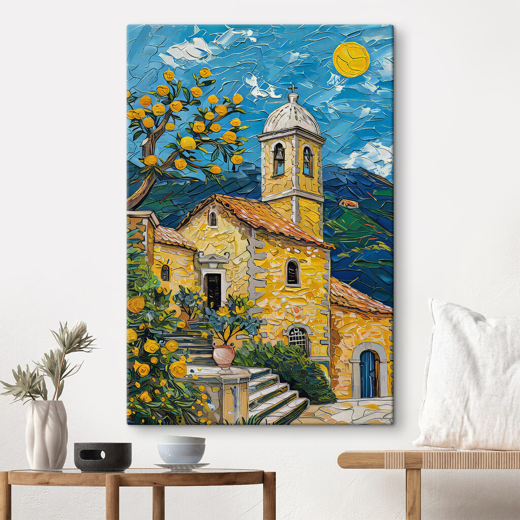Painting of a building with a bell tower Painting of a building with a bell tower
