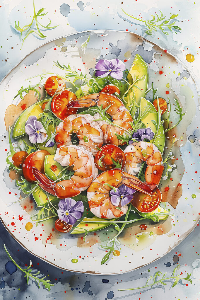 Watercolor painting of a plate of shrimp and avocado Watercolor painting of a plate of shrimp and avocado