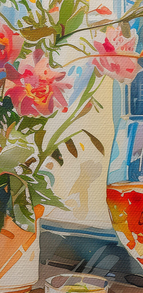 Watercolor painting of a table with food and flowers