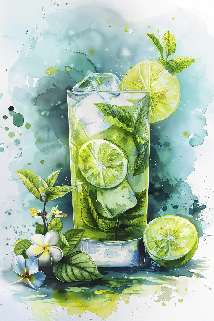 Watercolor of a drink with limes and leaves Watercolor of a drink with limes and leaves