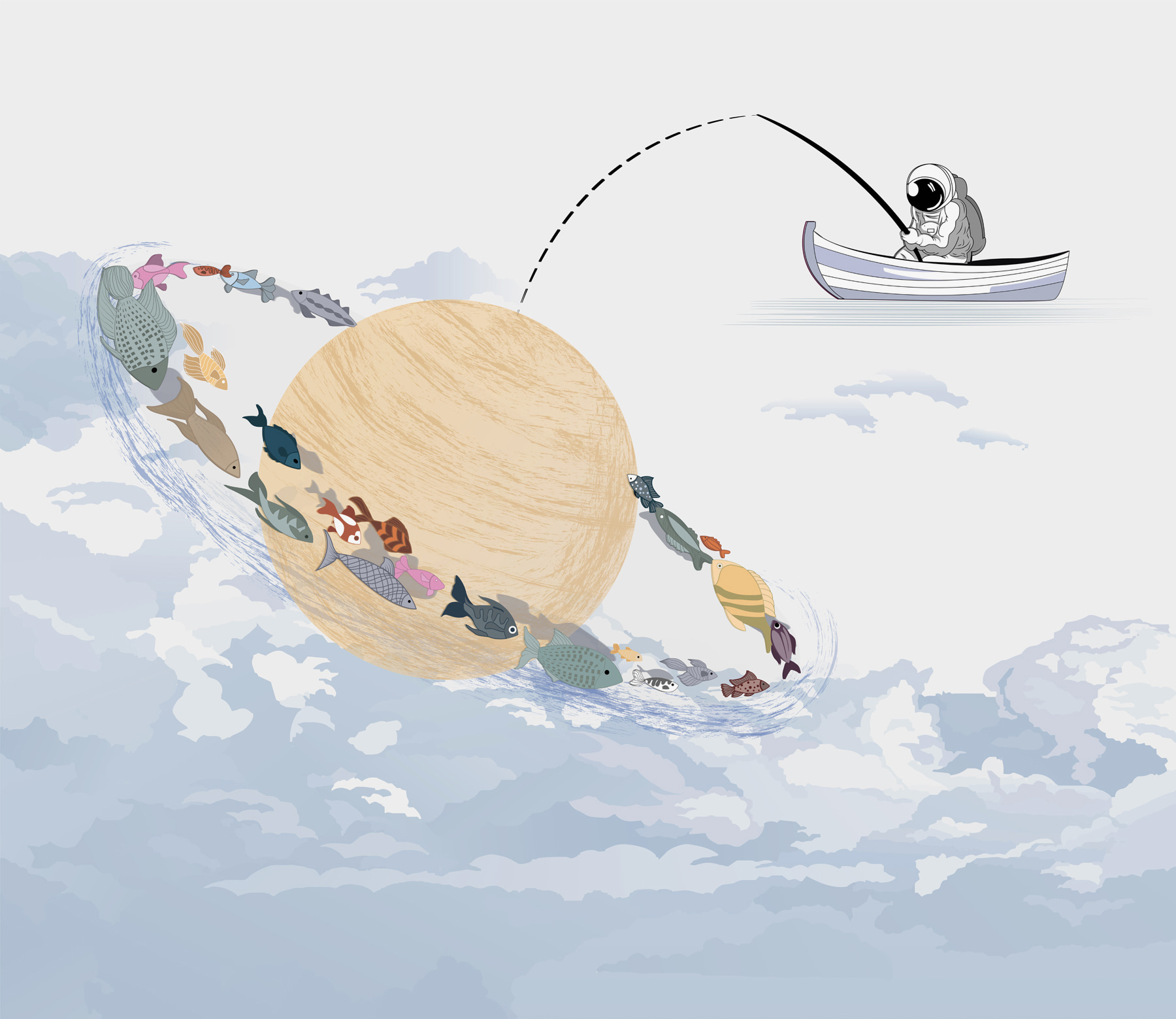 Cartoon of a planet with fish in it