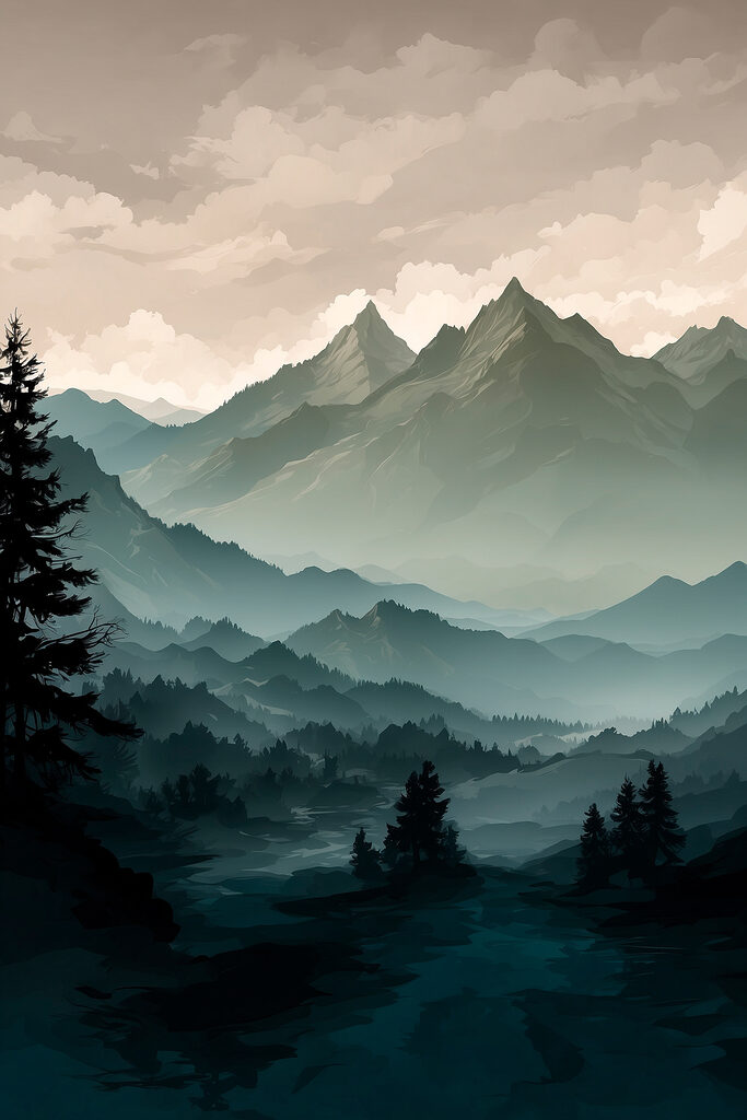 Landscape of mountains and trees