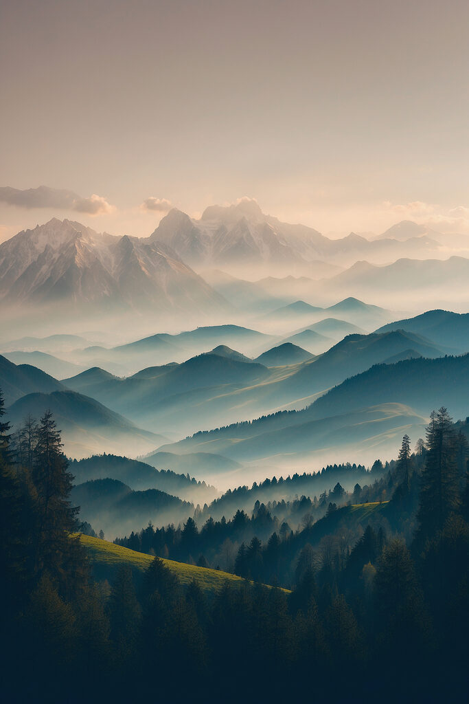 Mountain range with trees and fog
