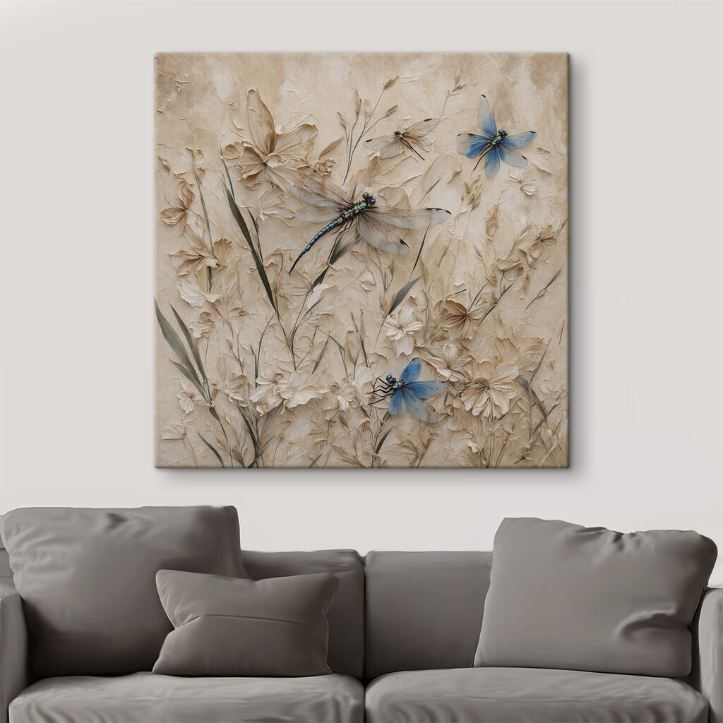 Dragonflies and flowers on a wall