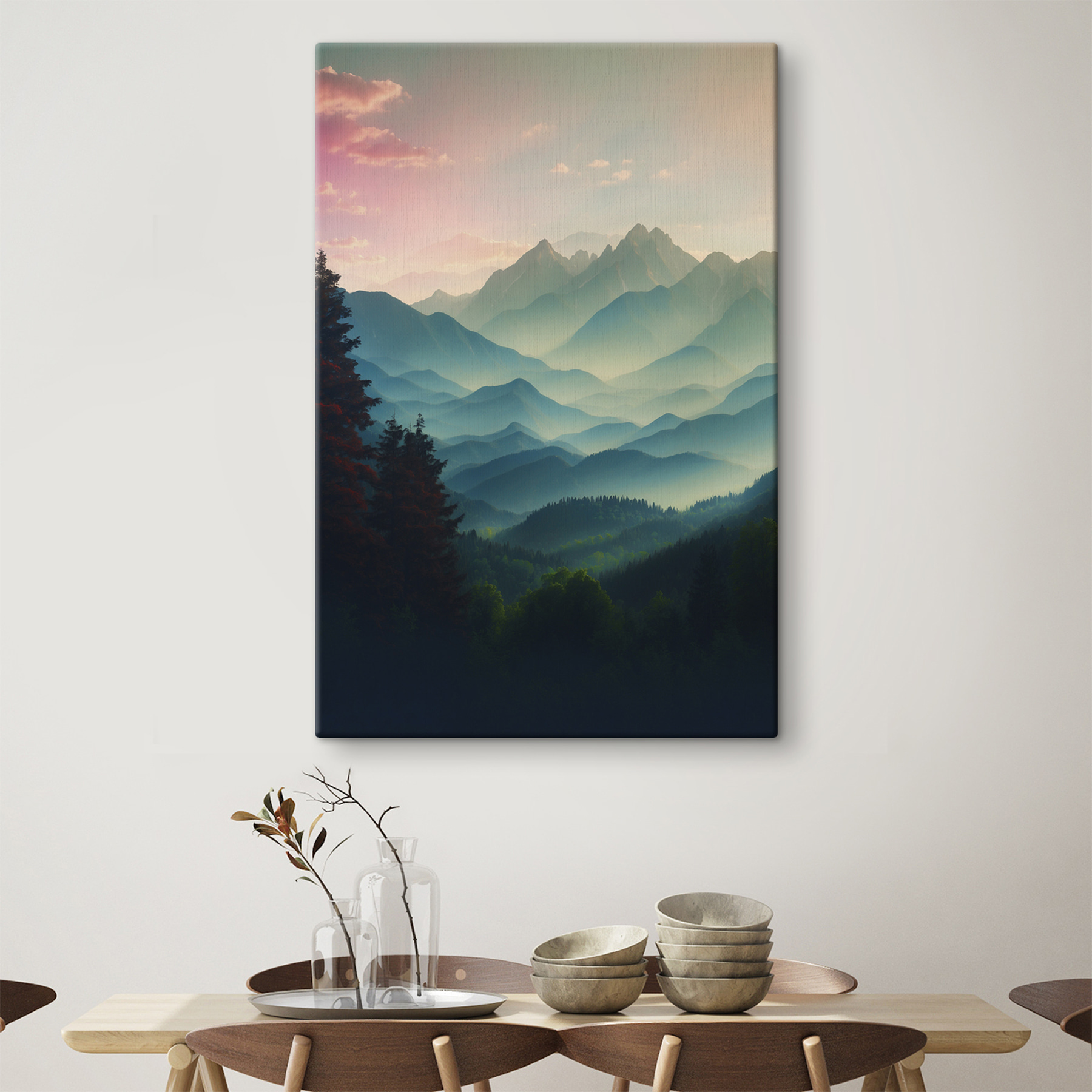 Mountain range with trees and clouds