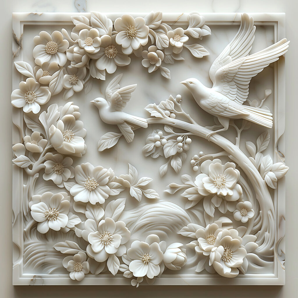 White sculpture of birds and flowers