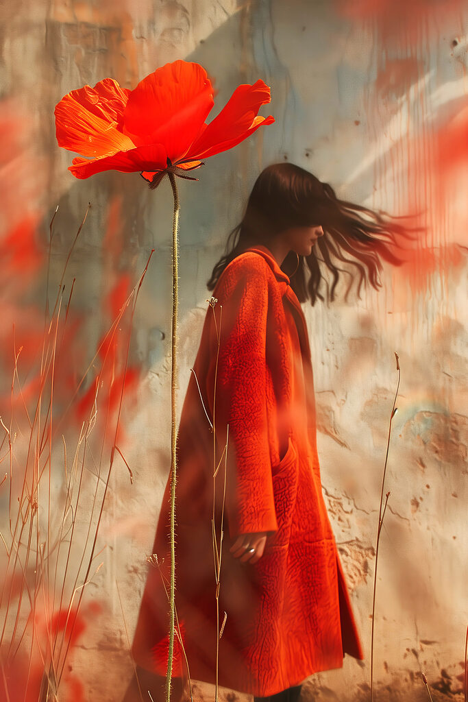 Woman in a red coat and a large flower