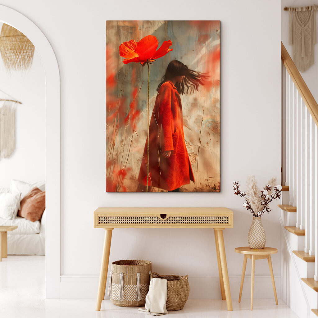 Woman in a red coat and a large flower