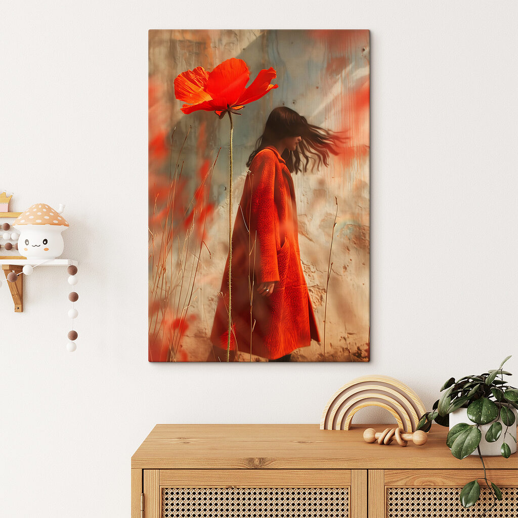 Woman in a red coat and a large flower