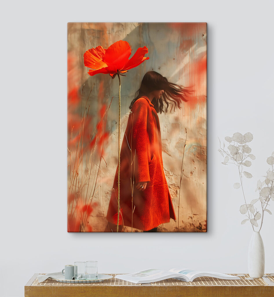 Woman in a red coat and a large flower