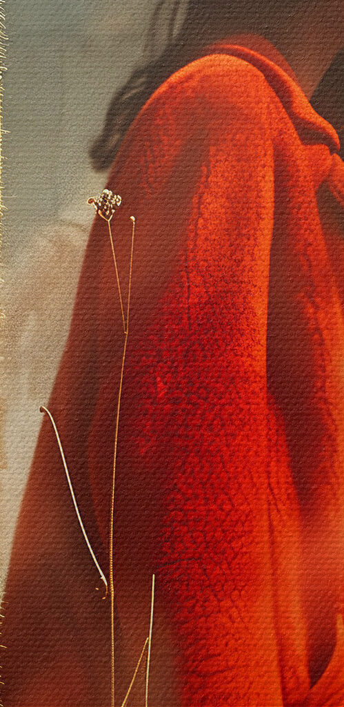 Woman in a red coat and a large flower