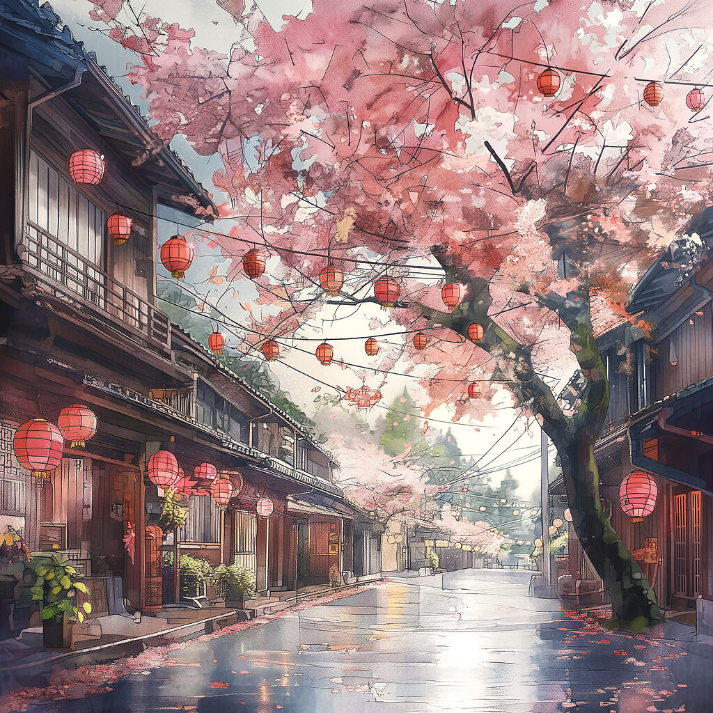 Street with pink lanterns and trees