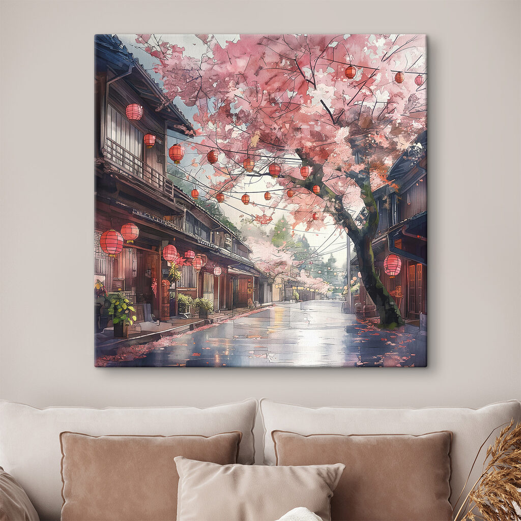 Street with pink lanterns and trees