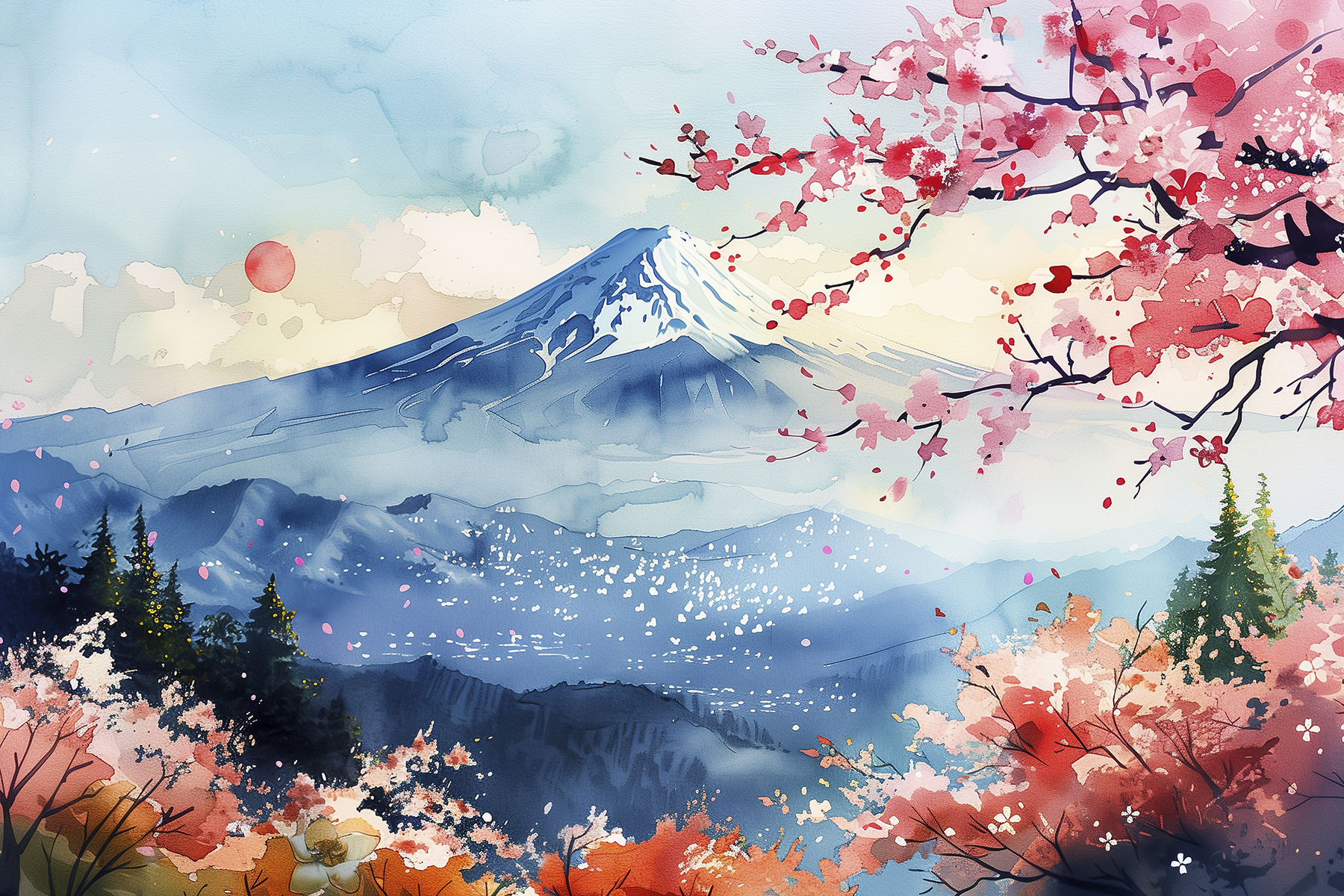 Watercolor of a mountain with a snowy peak