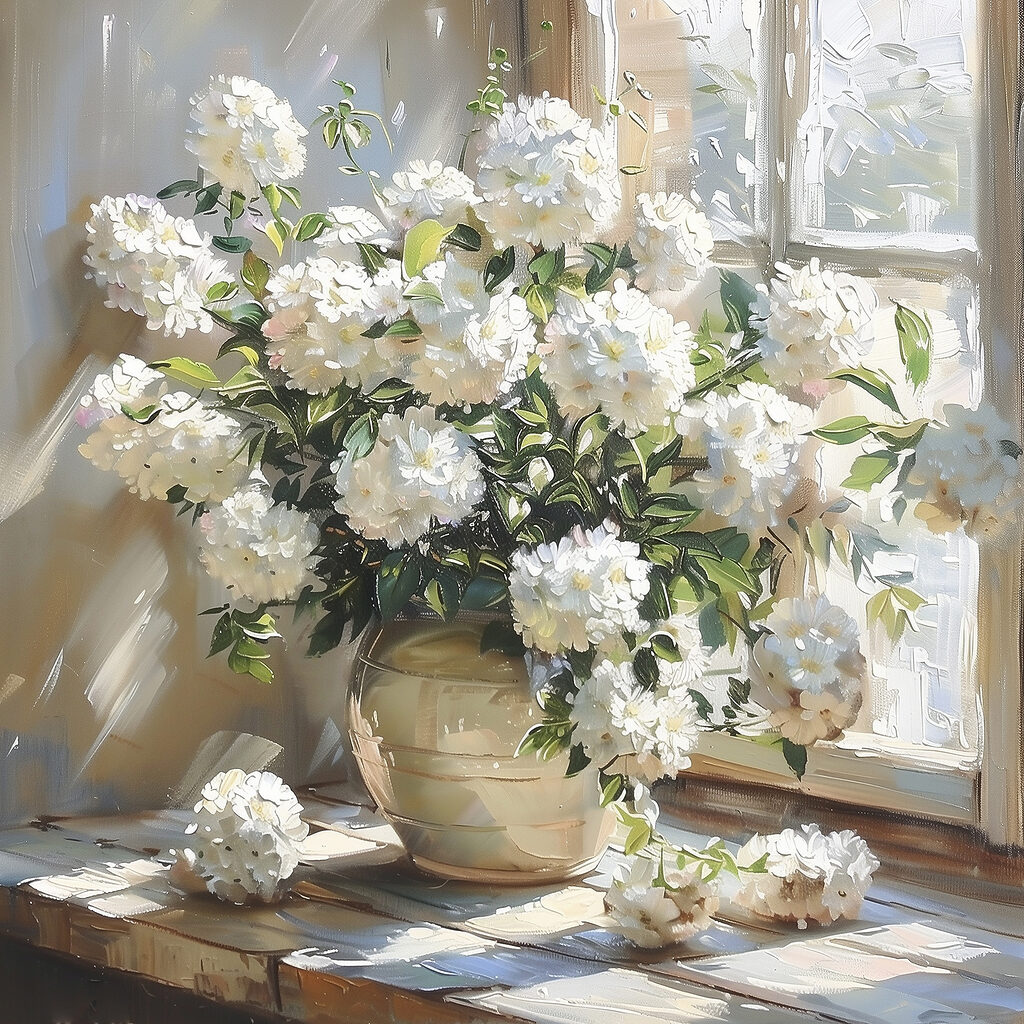 Vase of white flowers in front of a window