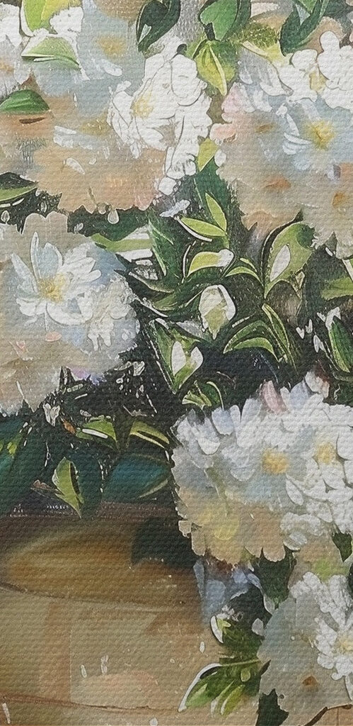 Vase of white flowers in front of a window