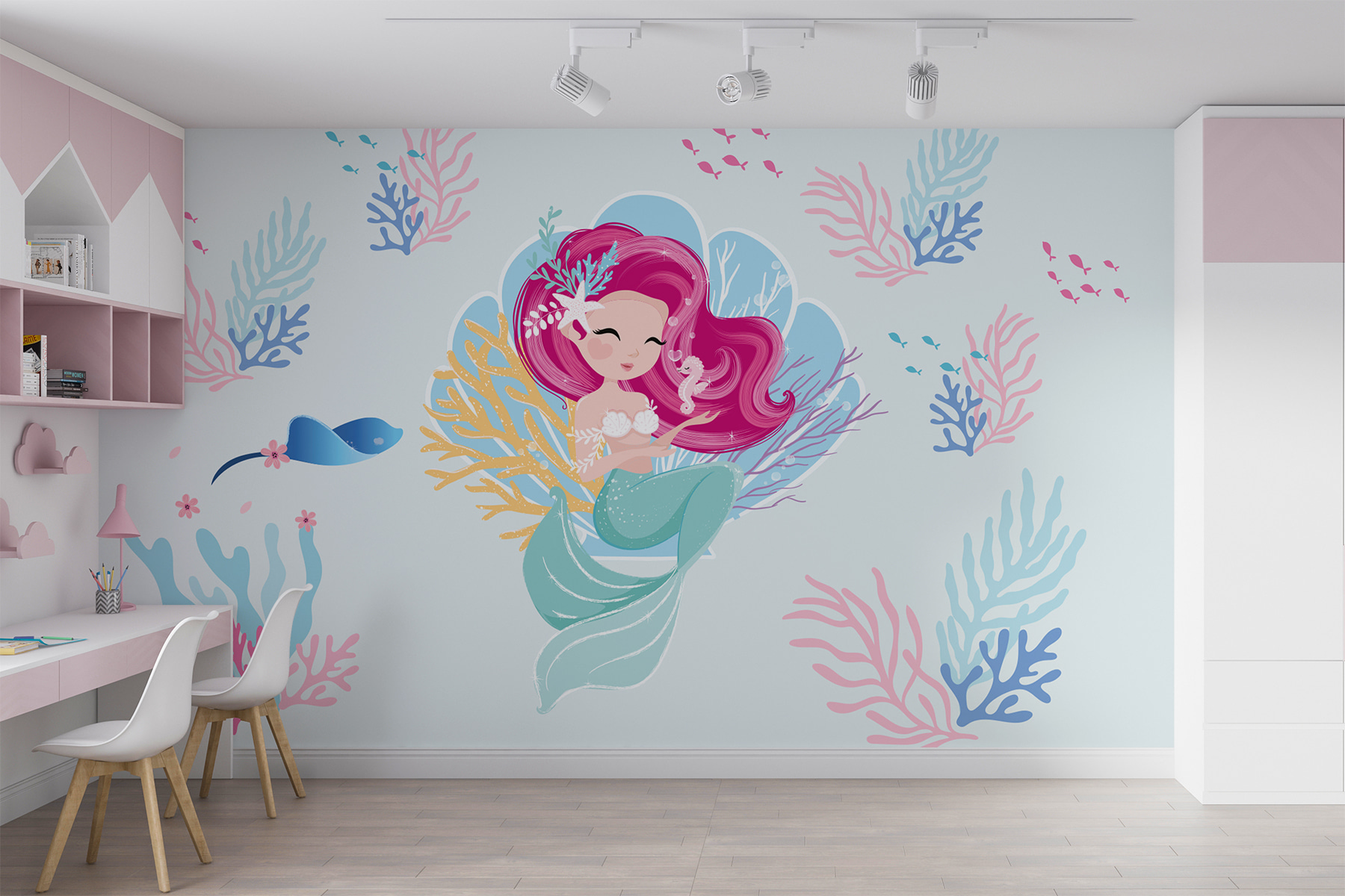 Cartoon mermaid with pink hair and a seahorse Cartoon mermaid with pink hair and a seahorse