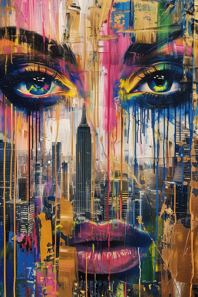 Painting of a woman's face with colorful paint dripping down