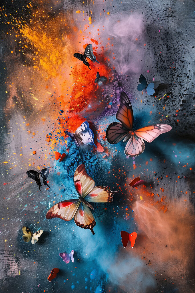 Butterflies flying butterflies in a colorful cloud