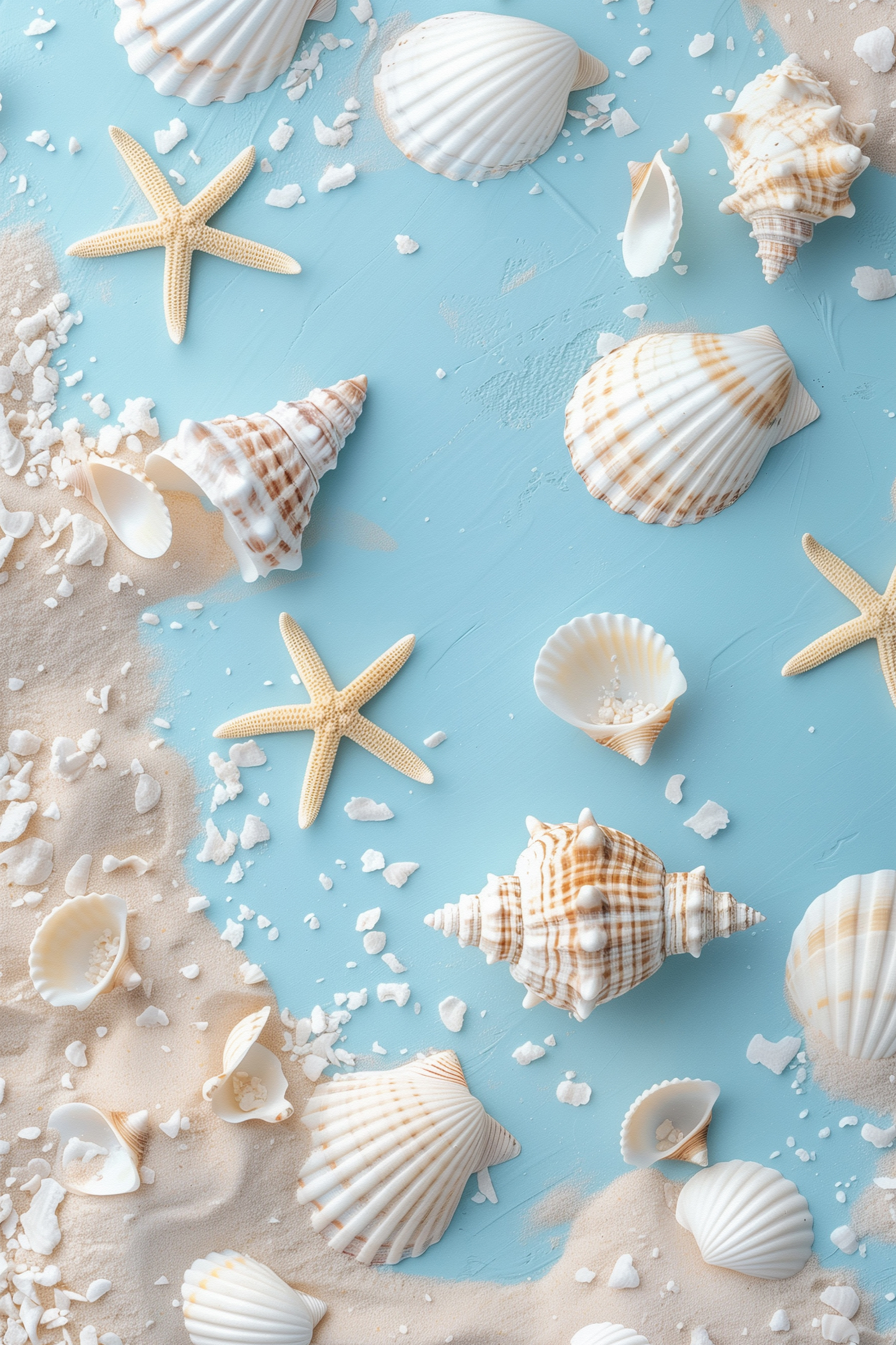 Group of seashells and starfish on sand