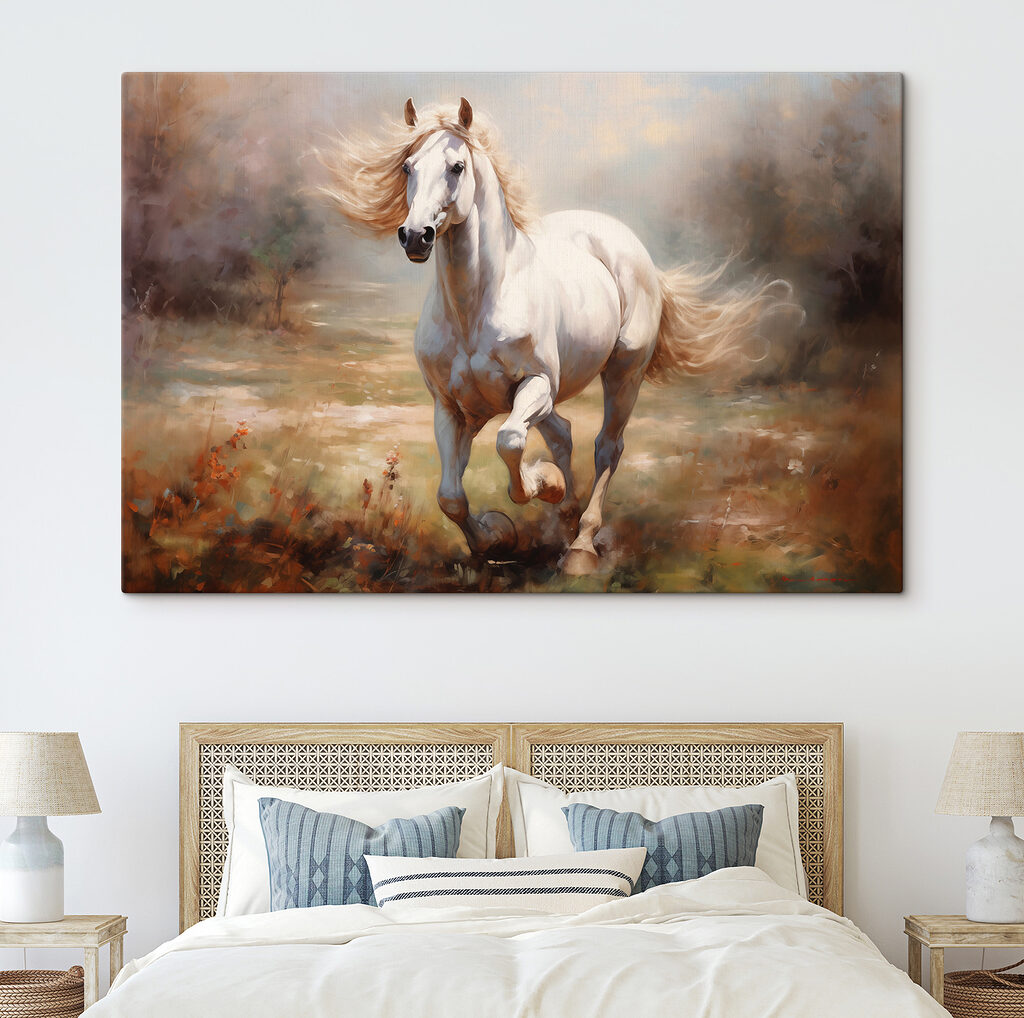 White horse running in a field