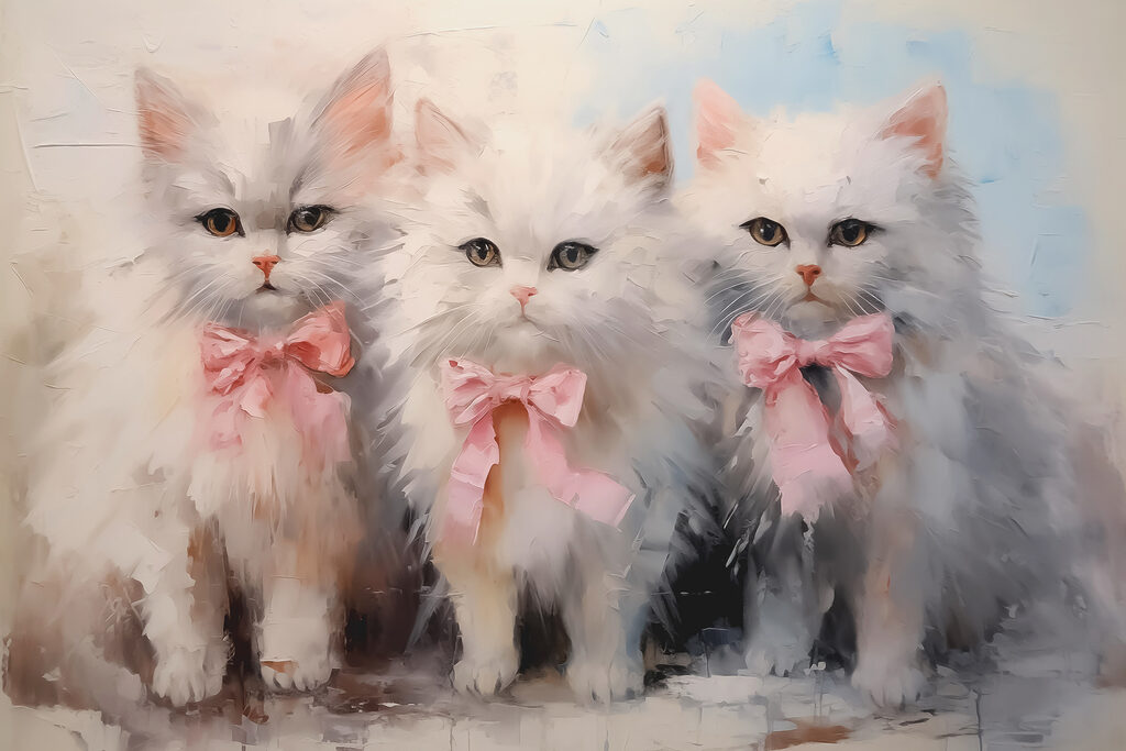 Group of white cats with pink bows