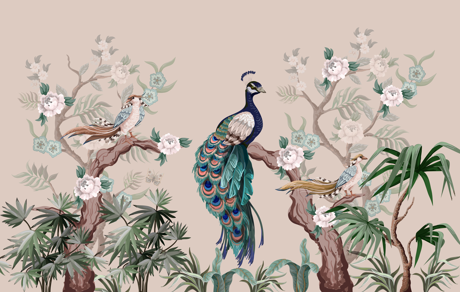 Wallpaper with birds on branches