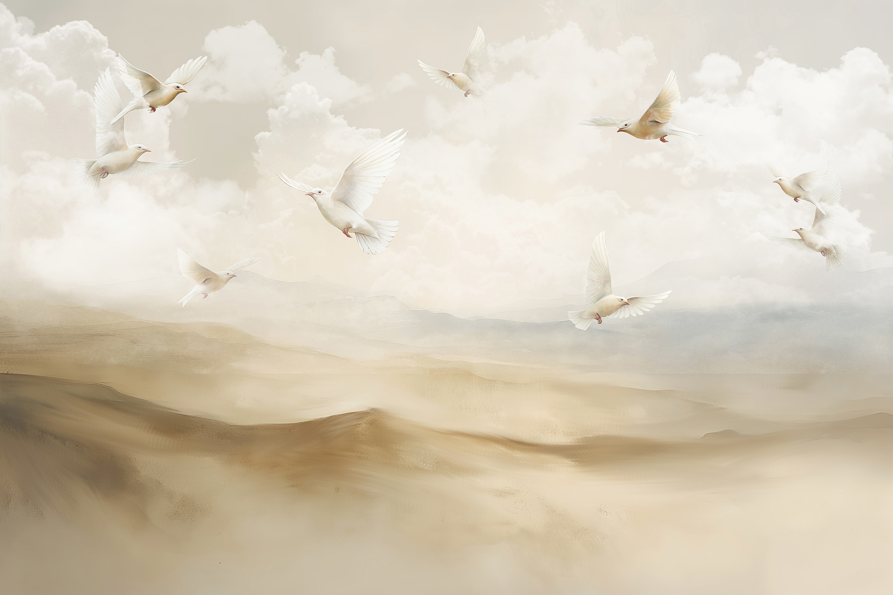 Group of white birds flying in the sky