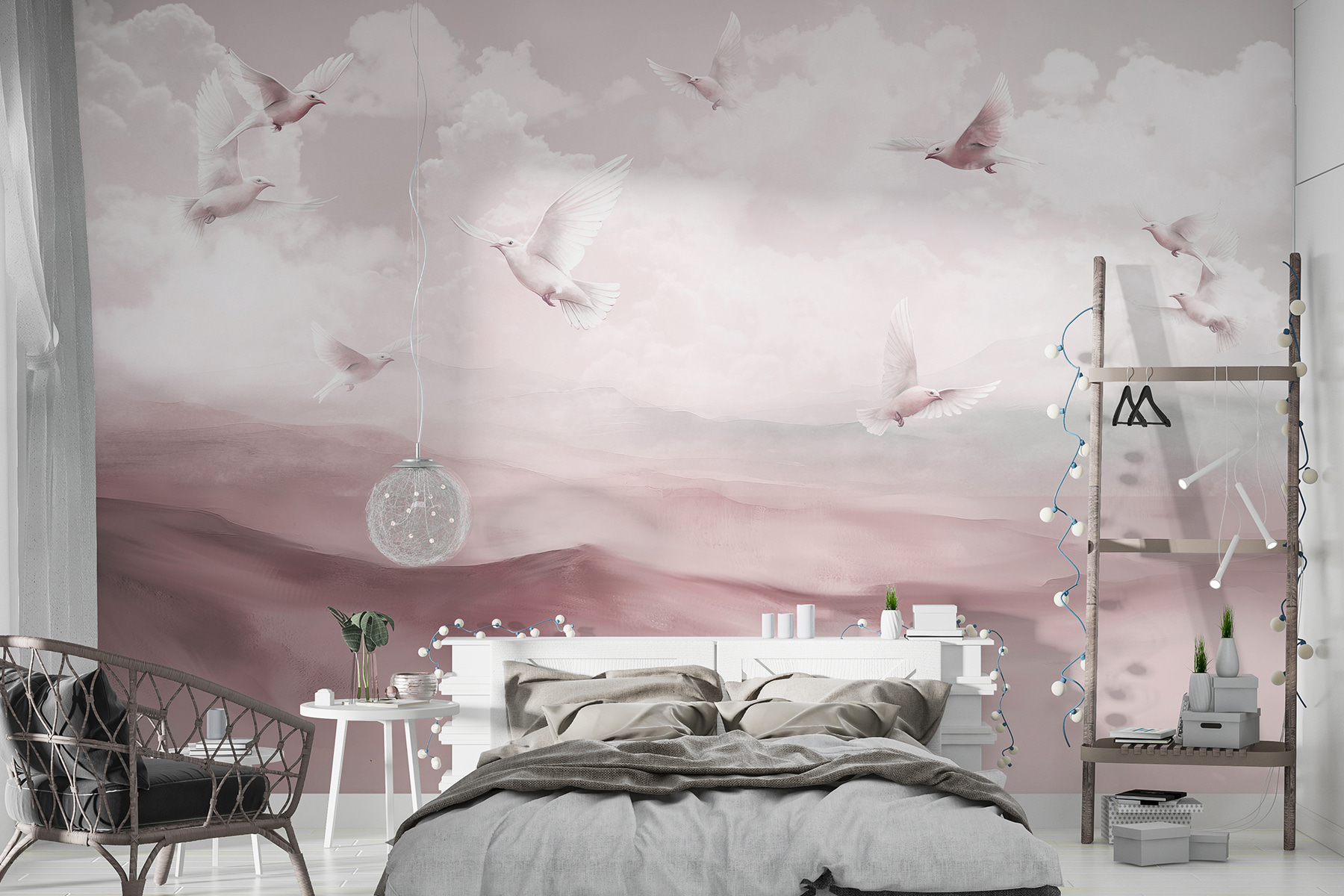 Group of white birds flying in the sky