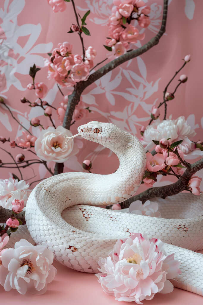 White snake with pink flowers