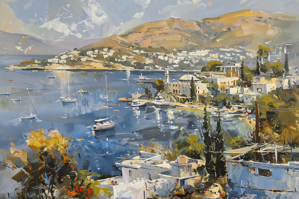 Painting of a city and a body of water