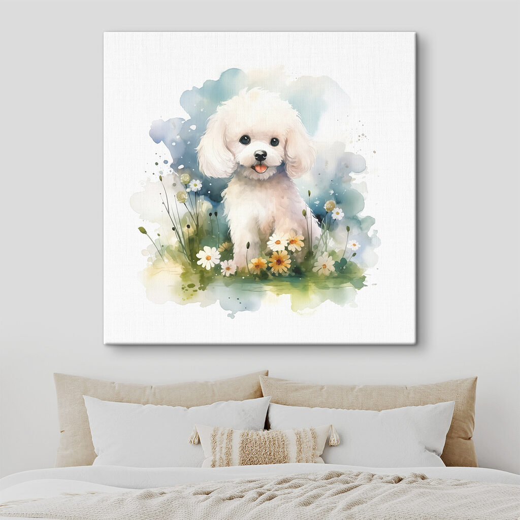White dog sitting in a field of flowers