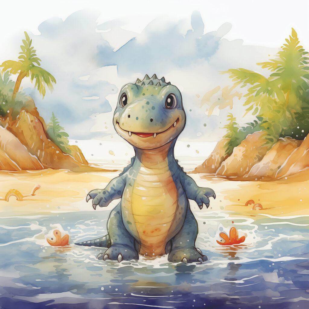 Cartoon of a dinosaur standing in water