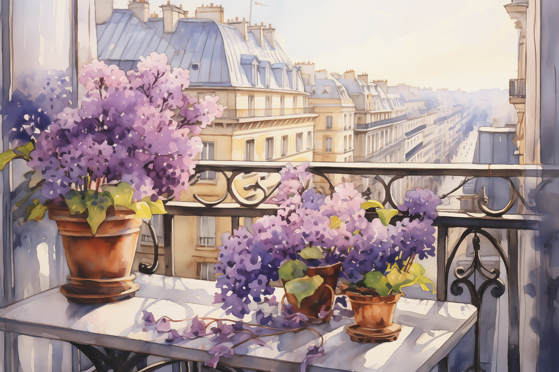 Watercolor painting of a balcony with purple flowers