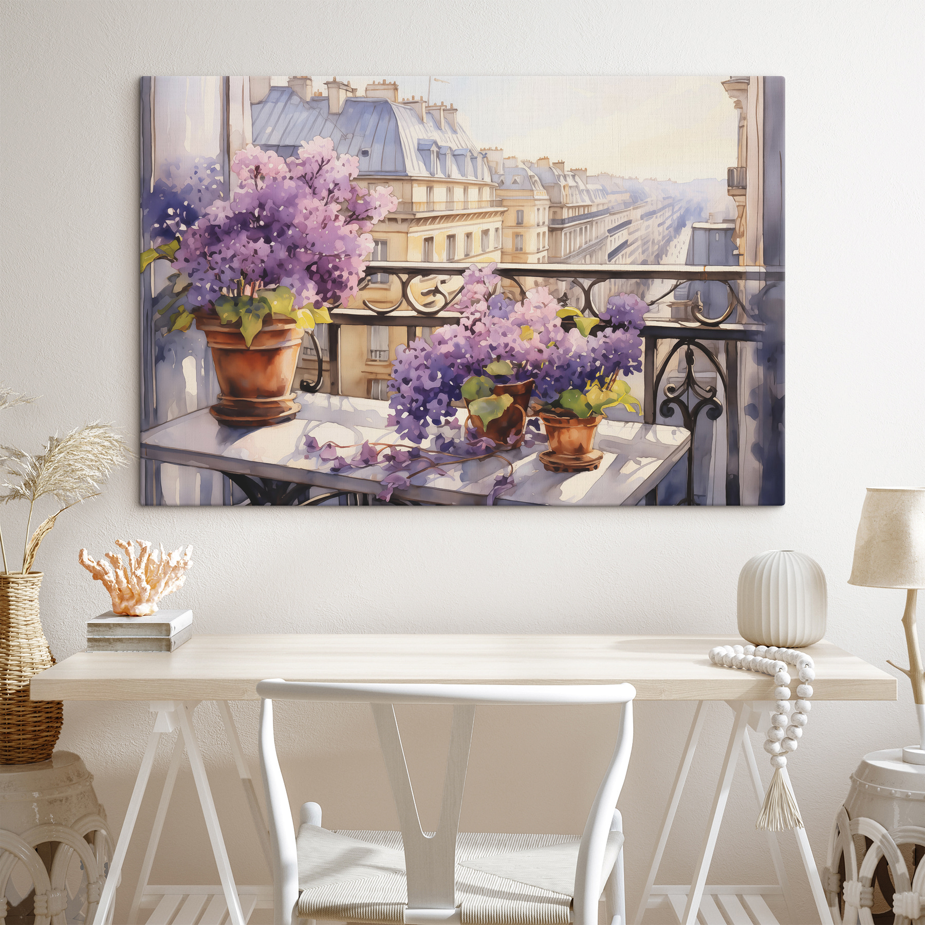 Watercolor painting of a balcony with purple flowers Watercolor painting of a balcony with purple flowers