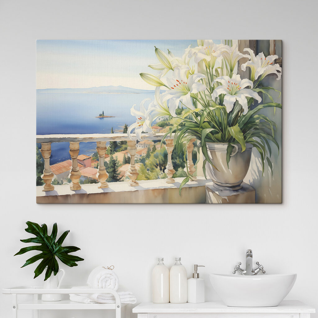 Painting of a balcony with a view of a city and a sea