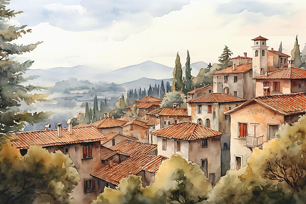Watercolor painting of a town with many buildings and trees