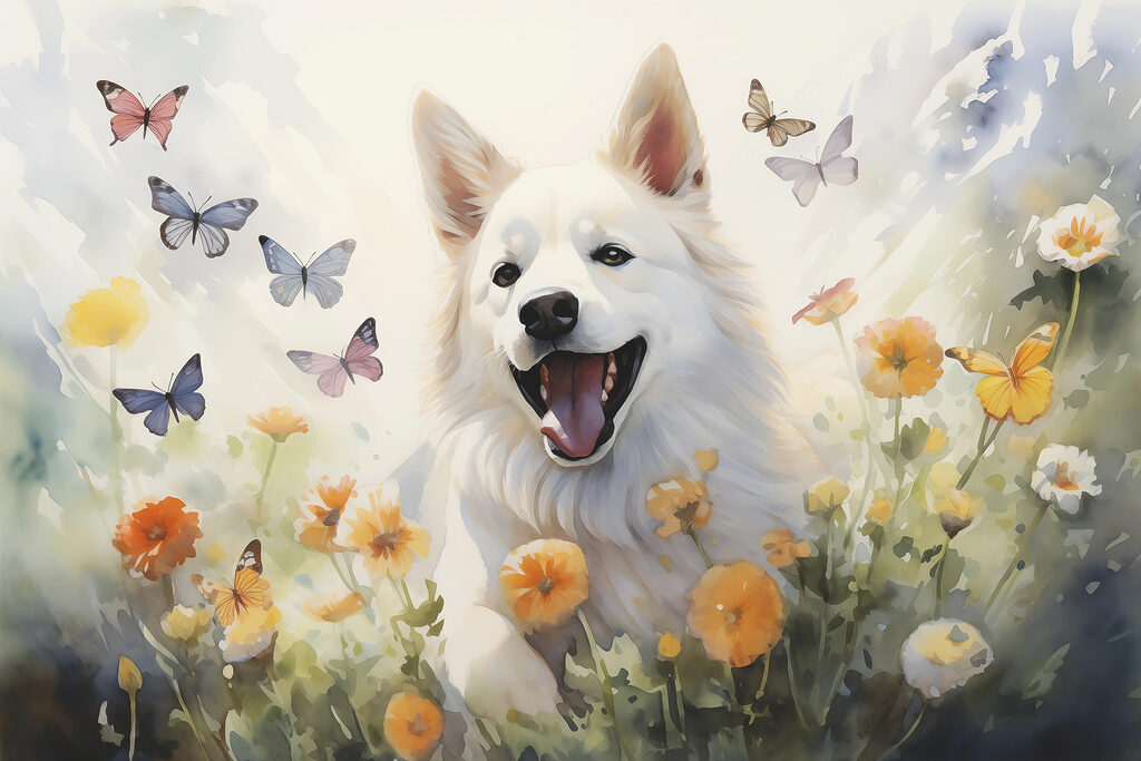 White dog with butterflies in a field of flowers