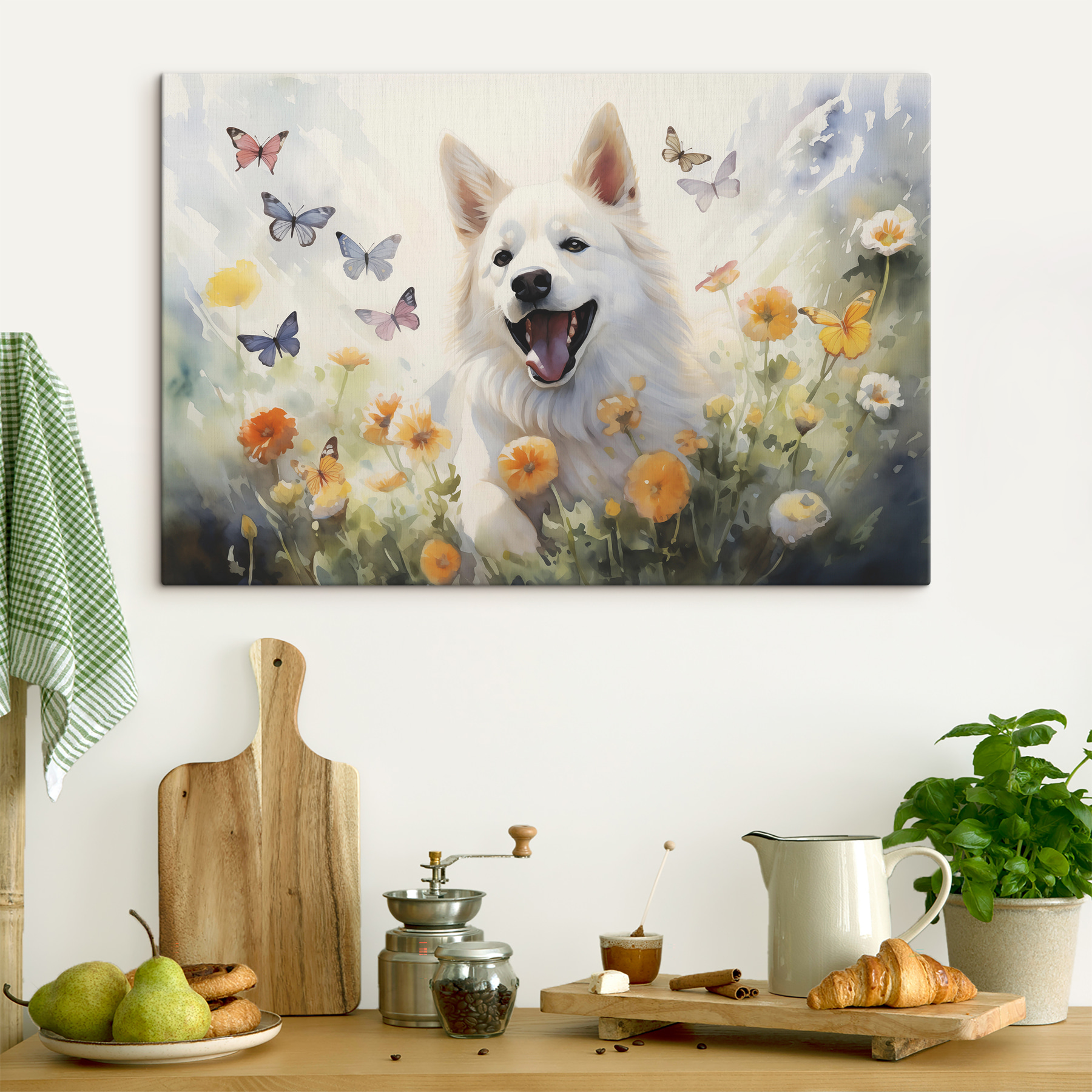 White dog with butterflies in a field of flowers