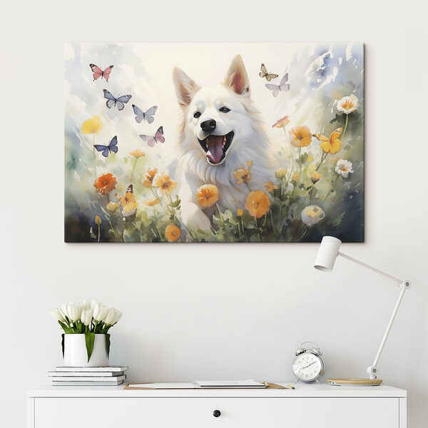 White dog with butterflies in a field of flowers