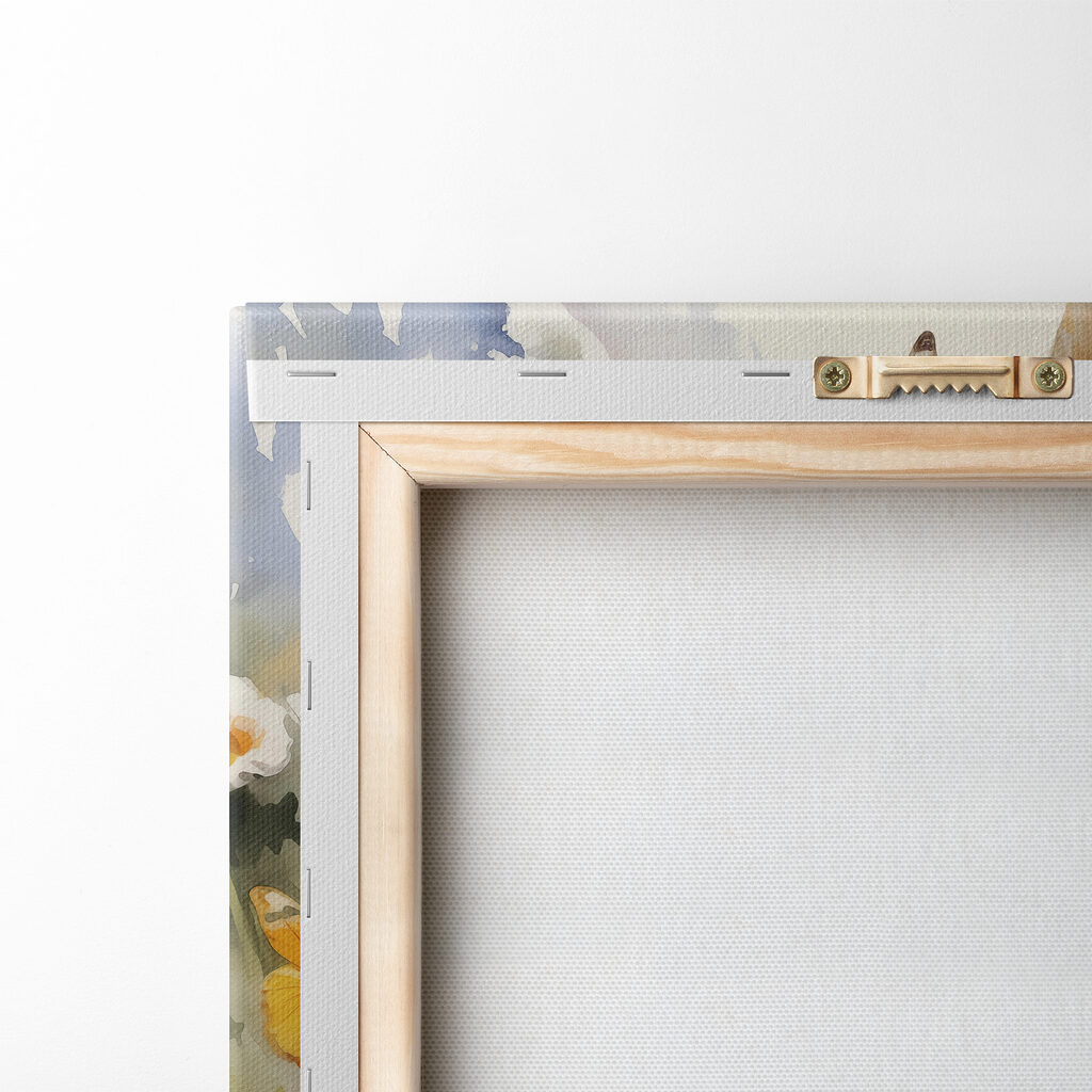 White dog with butterflies in a field of flowers