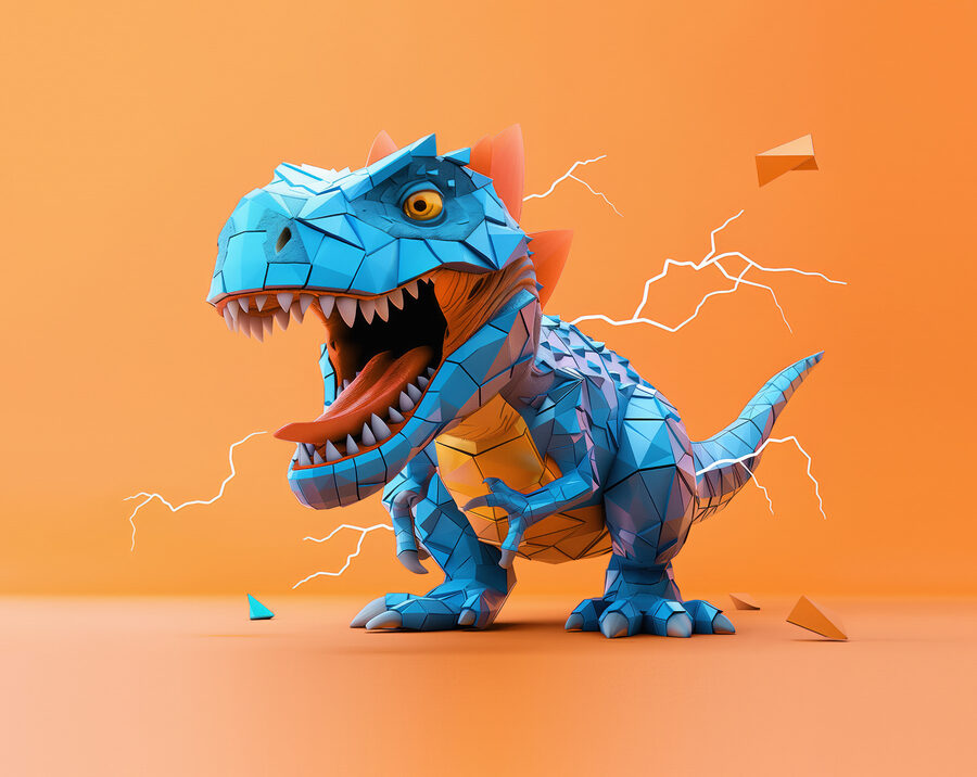 Modrý dinosaurus s blesky, které z něj vycházejí