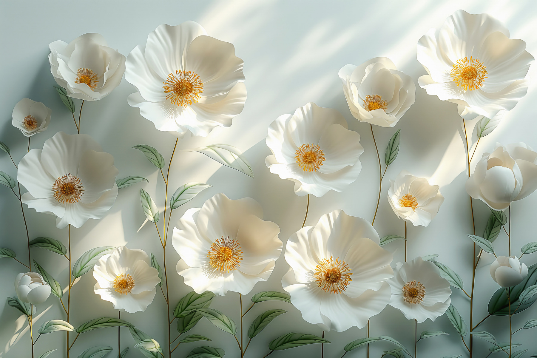 Group of white flowers with green leaves