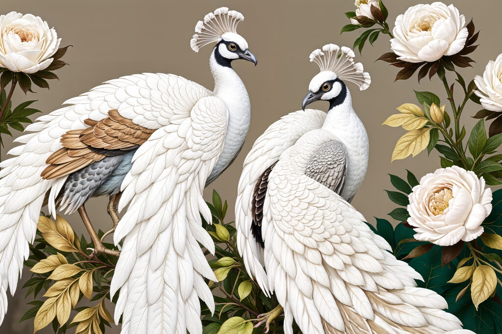 Couple of white peacocks on a branch with flowers