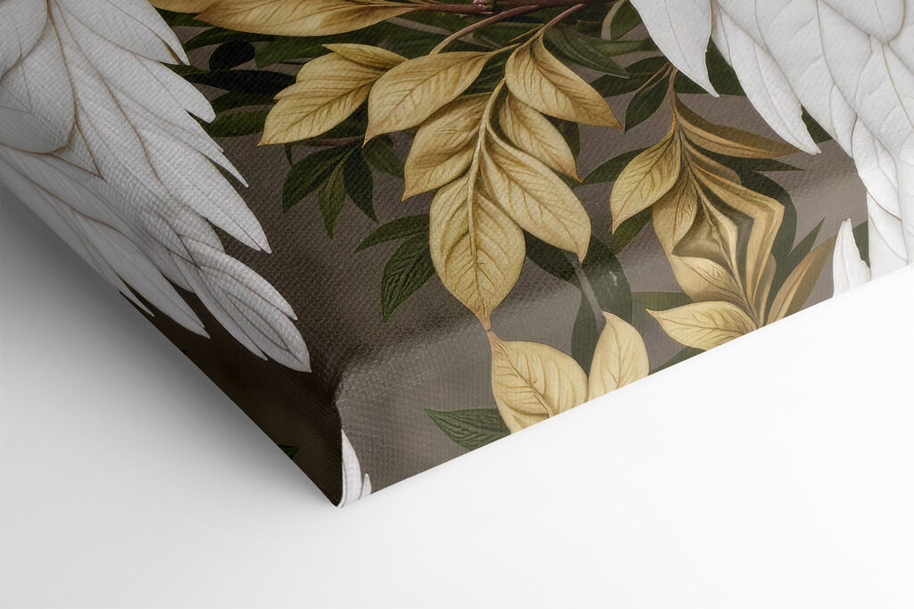 Couple of white peacocks on a branch with flowers